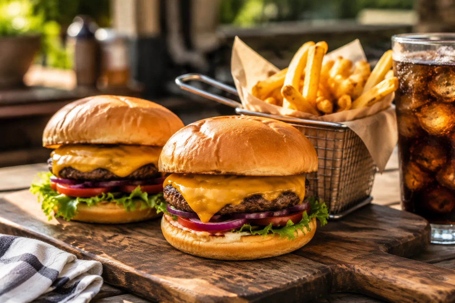 Air fryer hamburgers served with fries and a cold drink