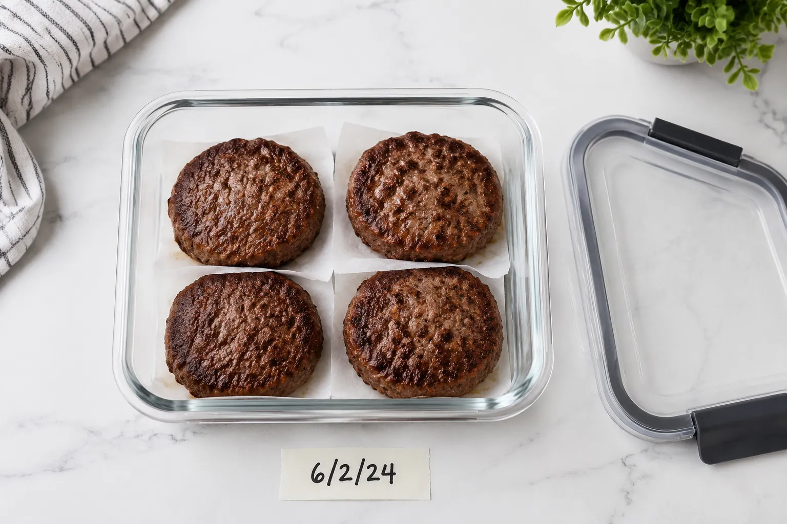 Storing leftover air fryer burger patties in a glass container