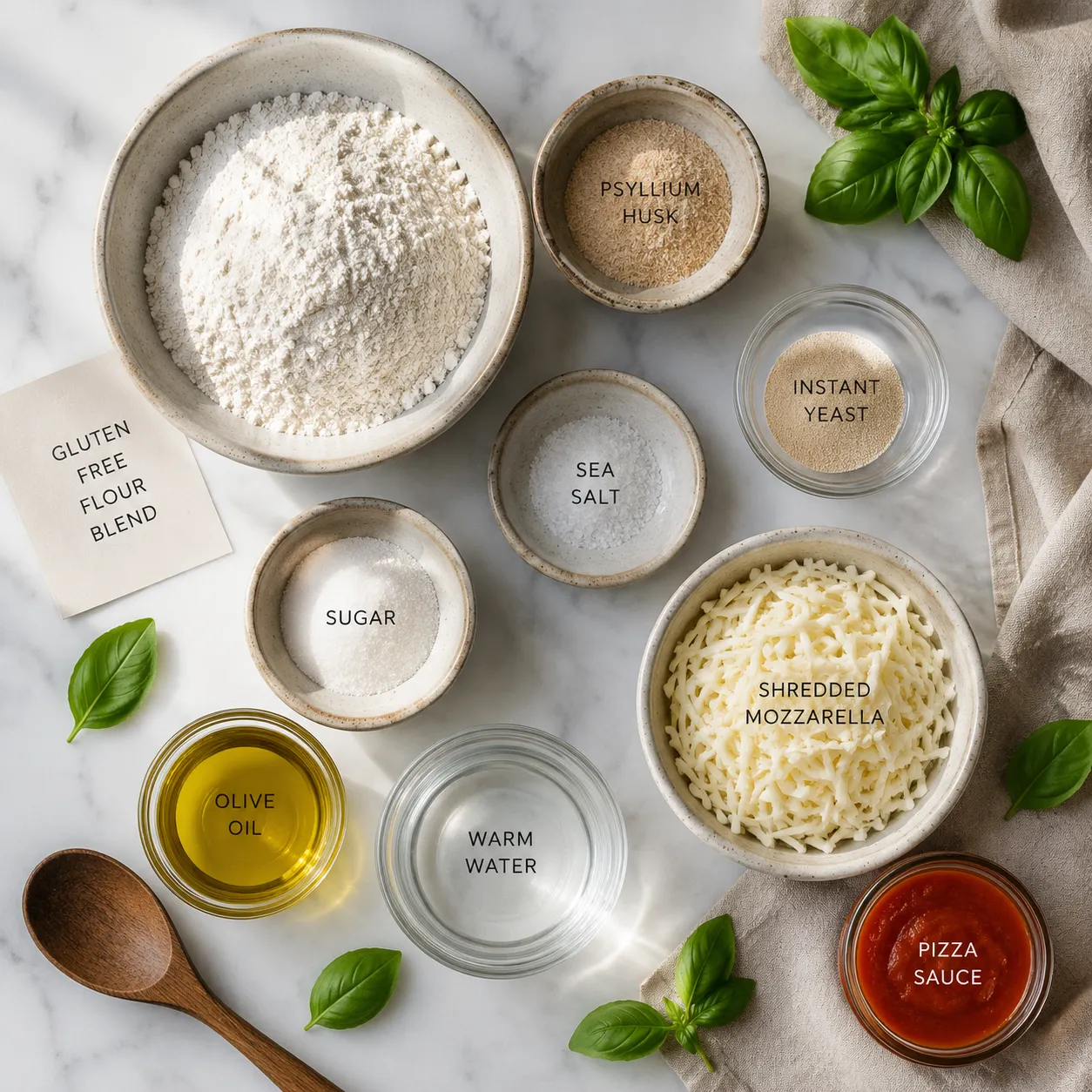 Gluten free pizza ingredients flatlay with flour, yeast, psyllium husk, and mozzarella