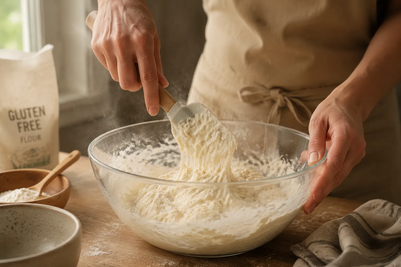 Mixing gluten free pizza dough recipe in a glass bowl with spatula