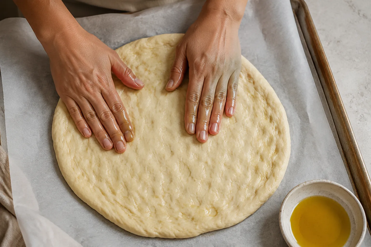 Shaping gluten free pizza base by hand on parchment paper