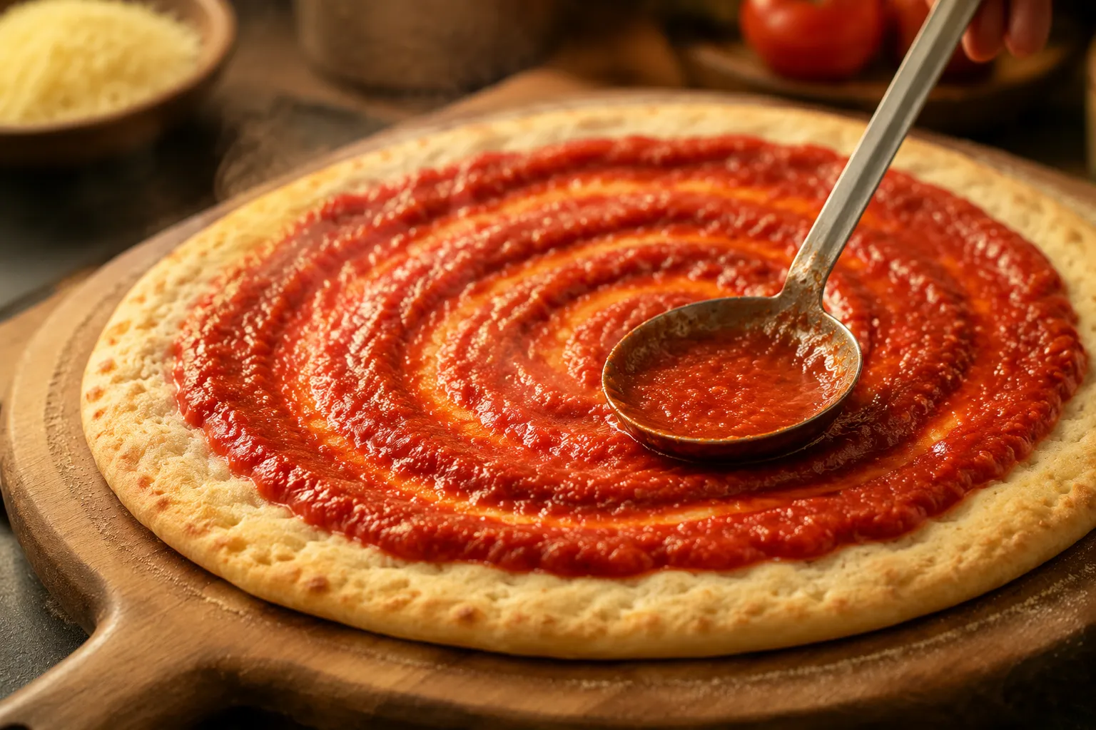 Spreading sauce on par-baked gluten free pizza crust recipe