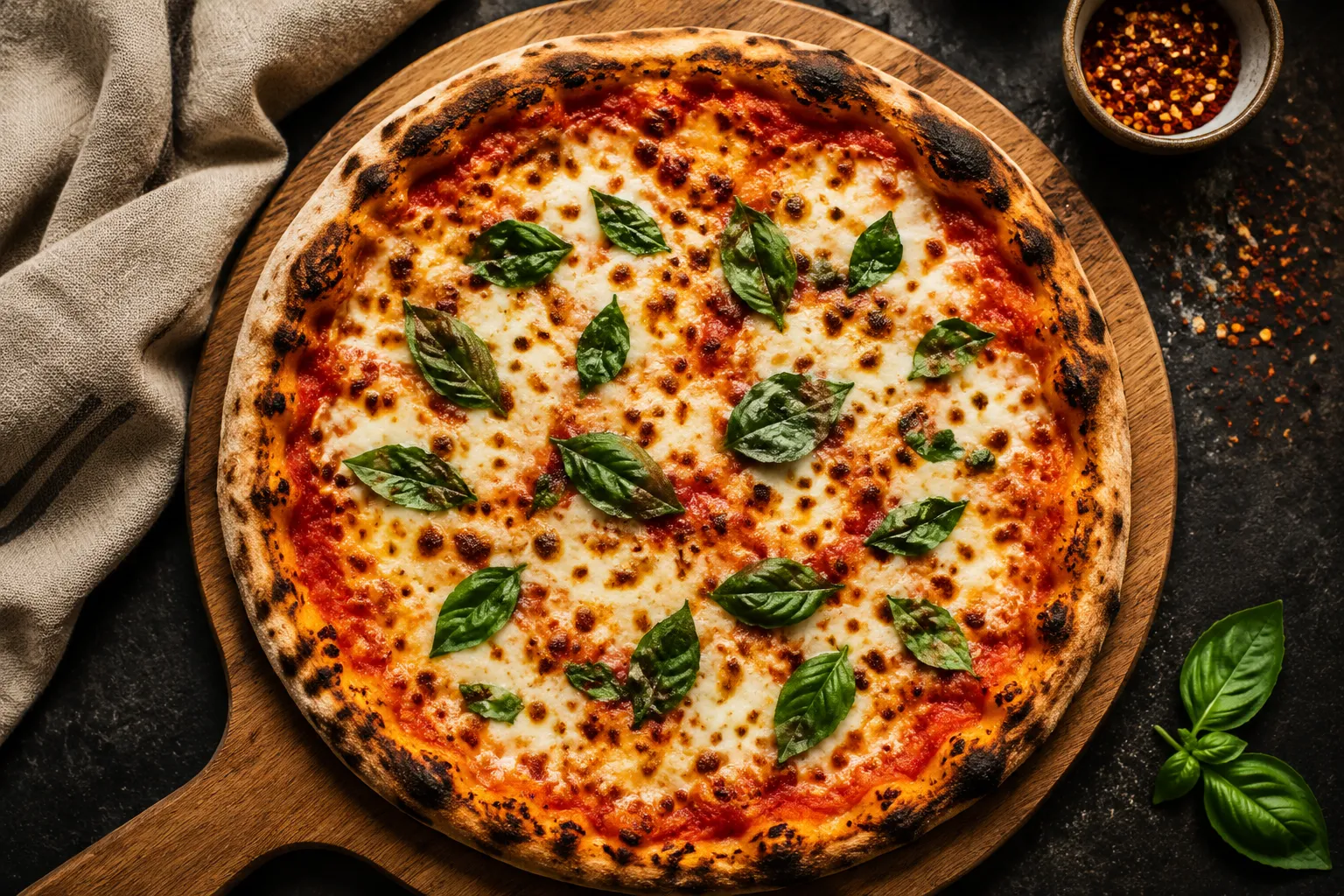 Whole baked gluten free pizza with crispy crust on a wooden peel
