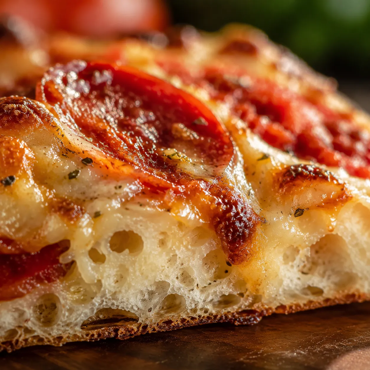 Close-up of gluten free pizza crust crumb and melted cheese texture