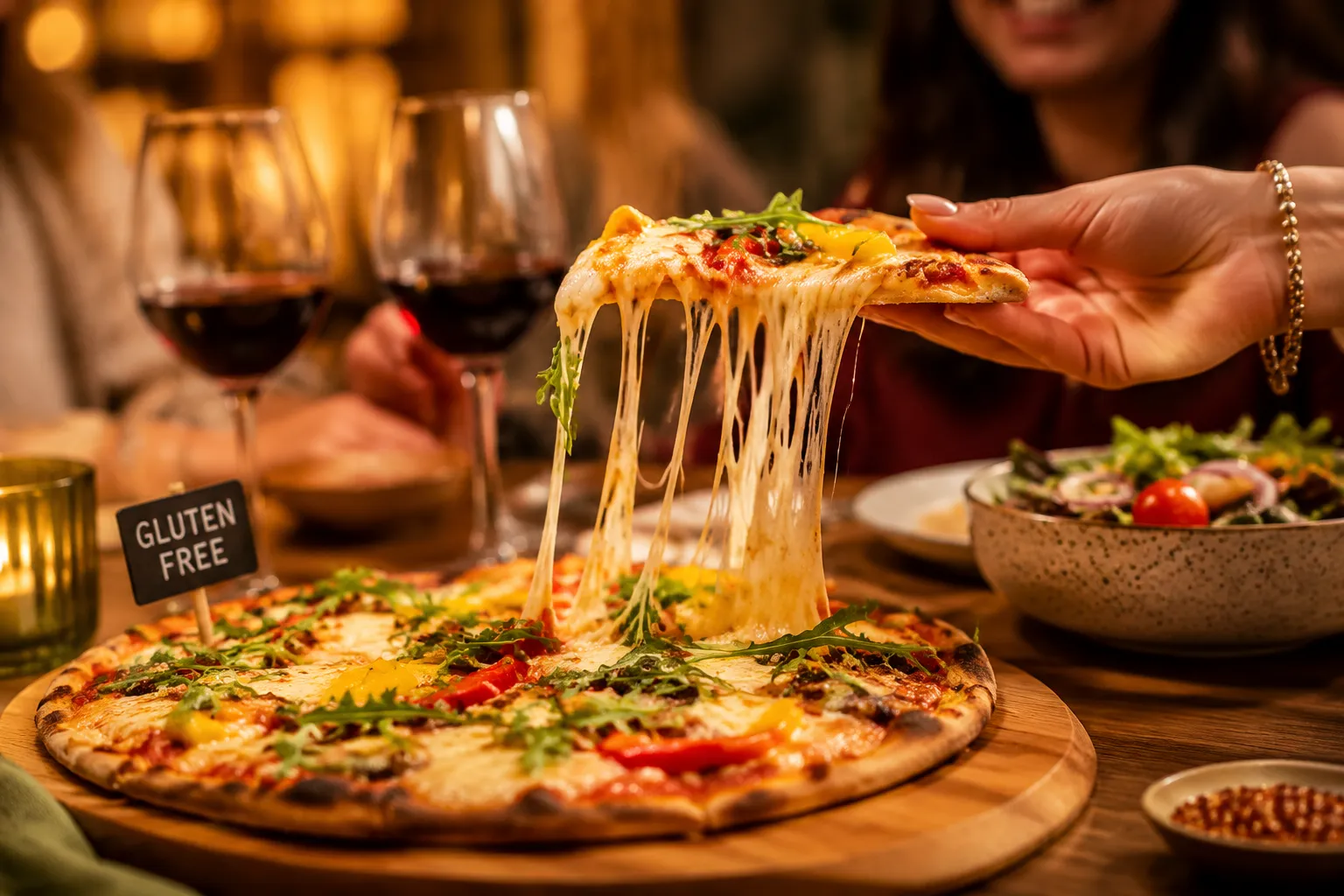 Serving a slice of gluten free pizza with a cheese pull