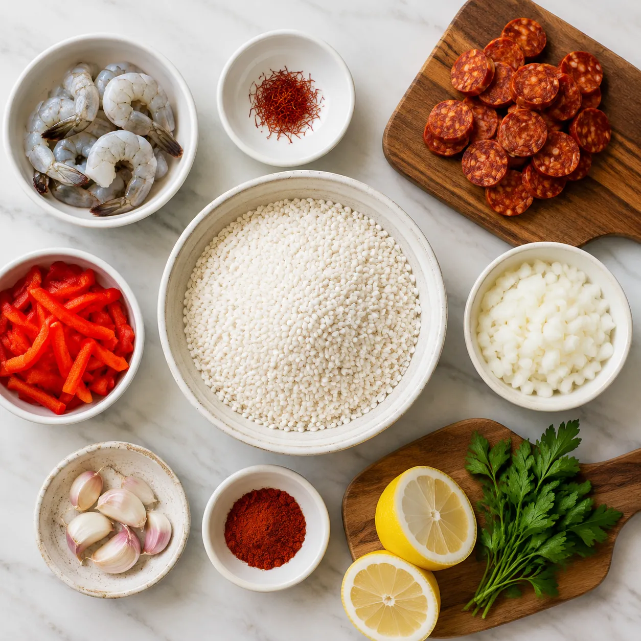 Paella recipe ingredients flatlay including saffron, Bomba rice, shrimp, and chorizo
