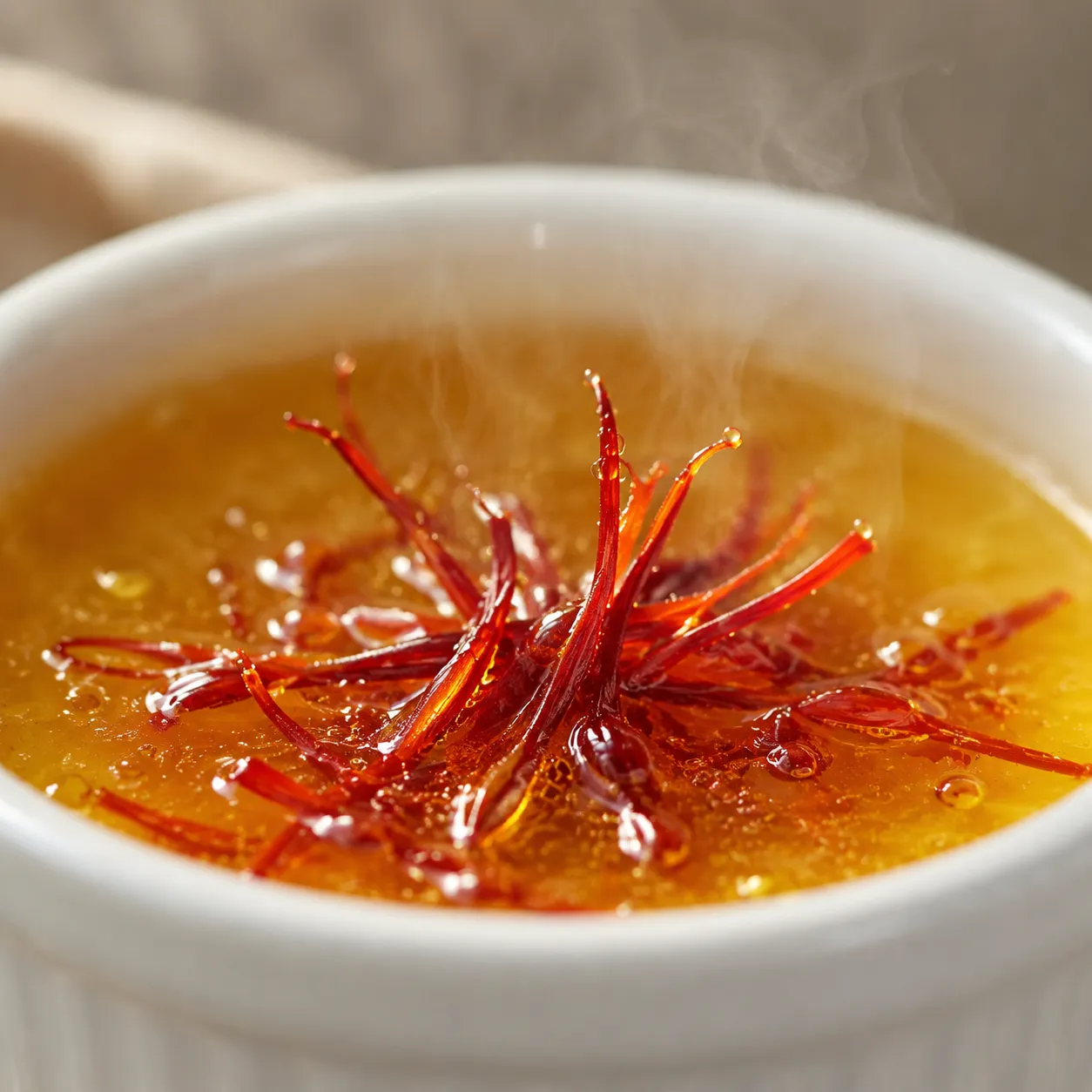 Saffron threads blooming in broth for paella recipe