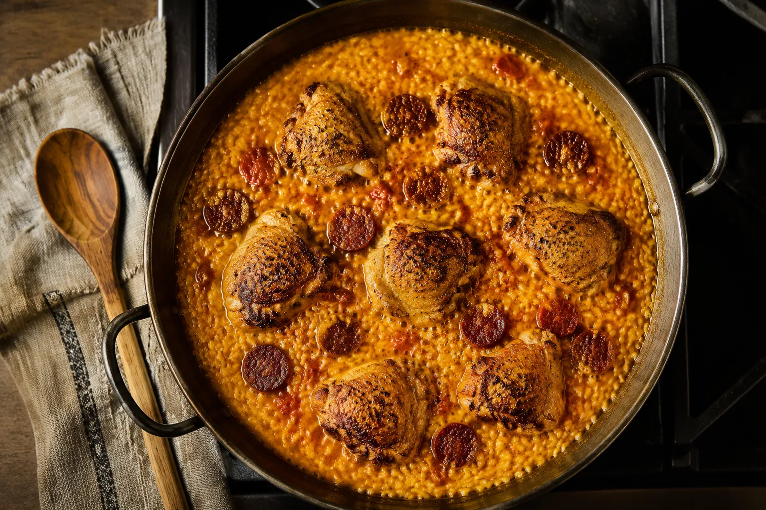 Simmering paella rice with chicken and chorizo in saffron broth