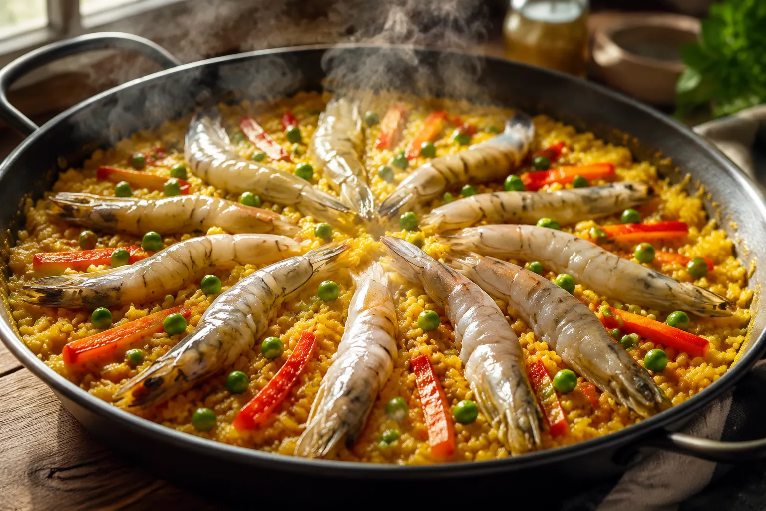 Adding shrimp and peas to paella recipe in the final step