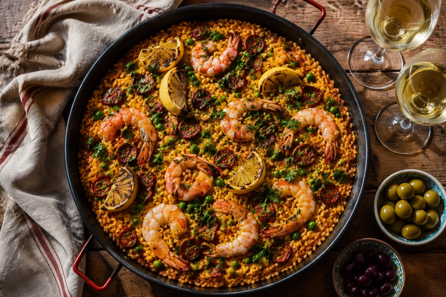 Finished authentic paella recipe garnished with parsley and lemon