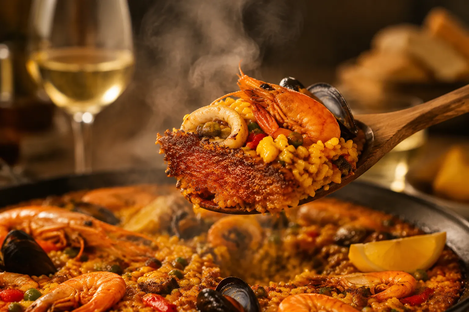 Crispy socarrat crust in a traditional paella recipe