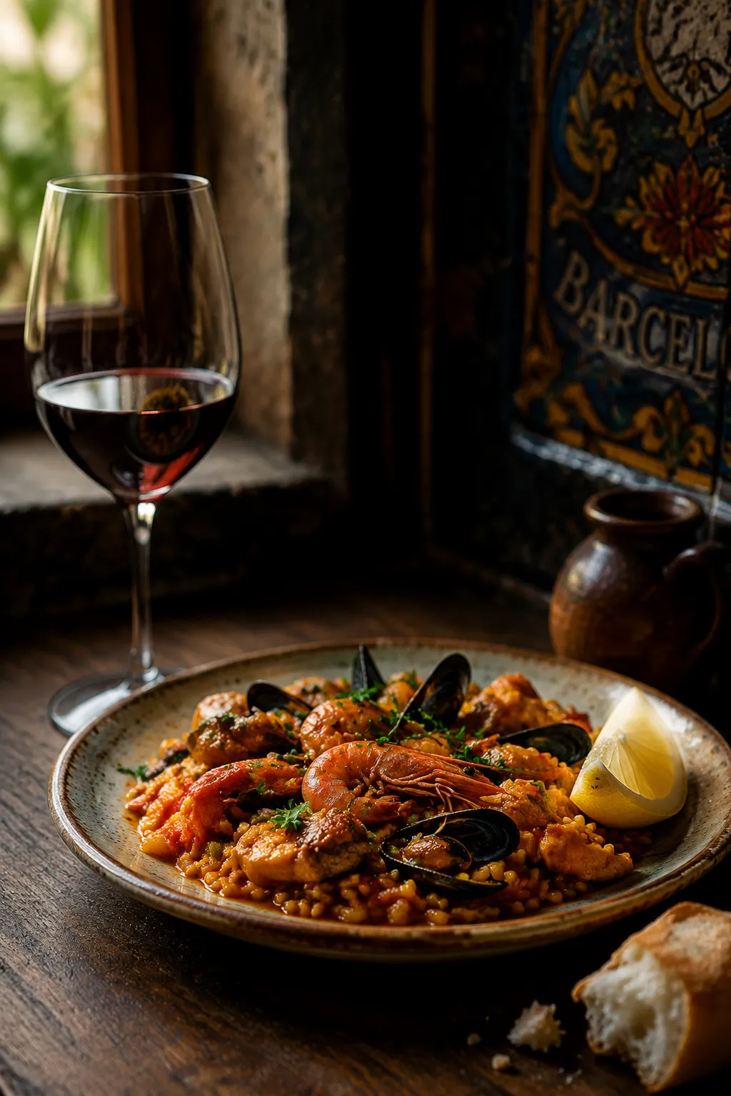 Paella recipe served with red wine and crusty bread