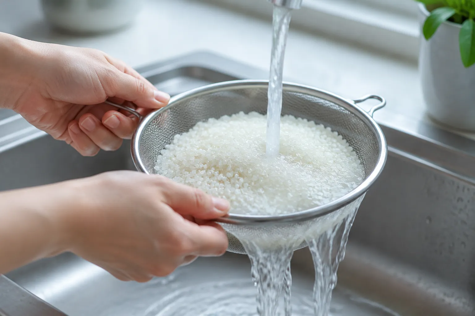 Rinsing white rice in a strainer before cooking on stove