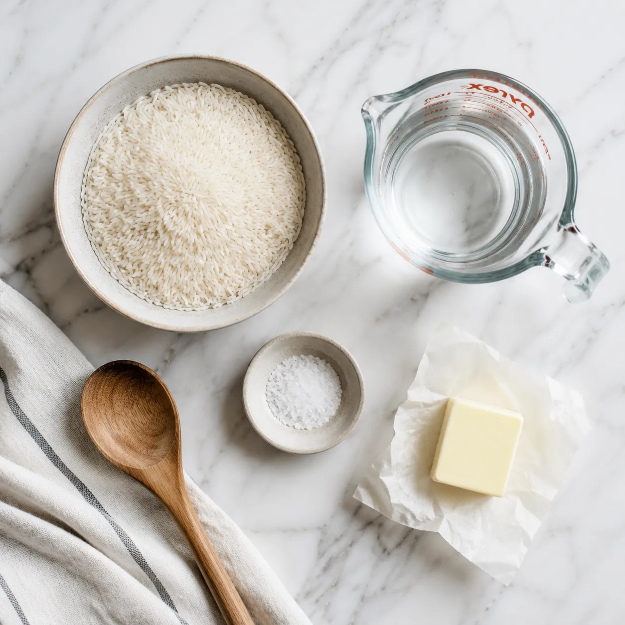 Ingredients for cooking white rice on stove flatlay