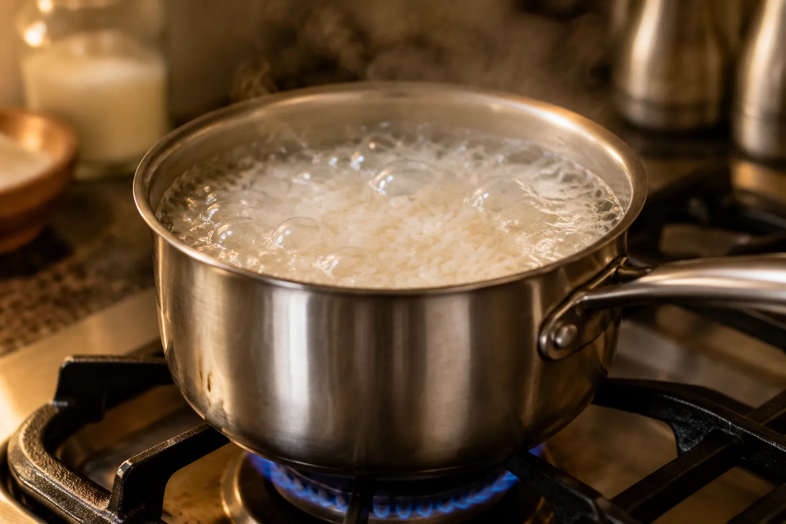 Cooking rice on stove at a rolling boil in a saucepan