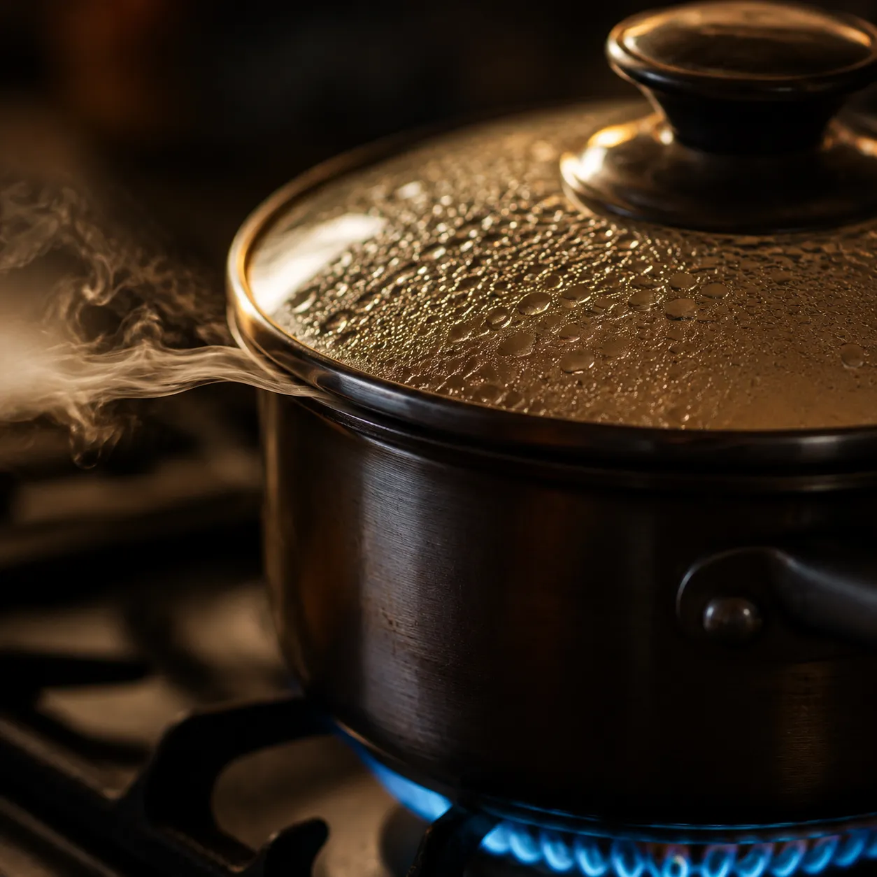 Stove top rice simmering covered with low heat