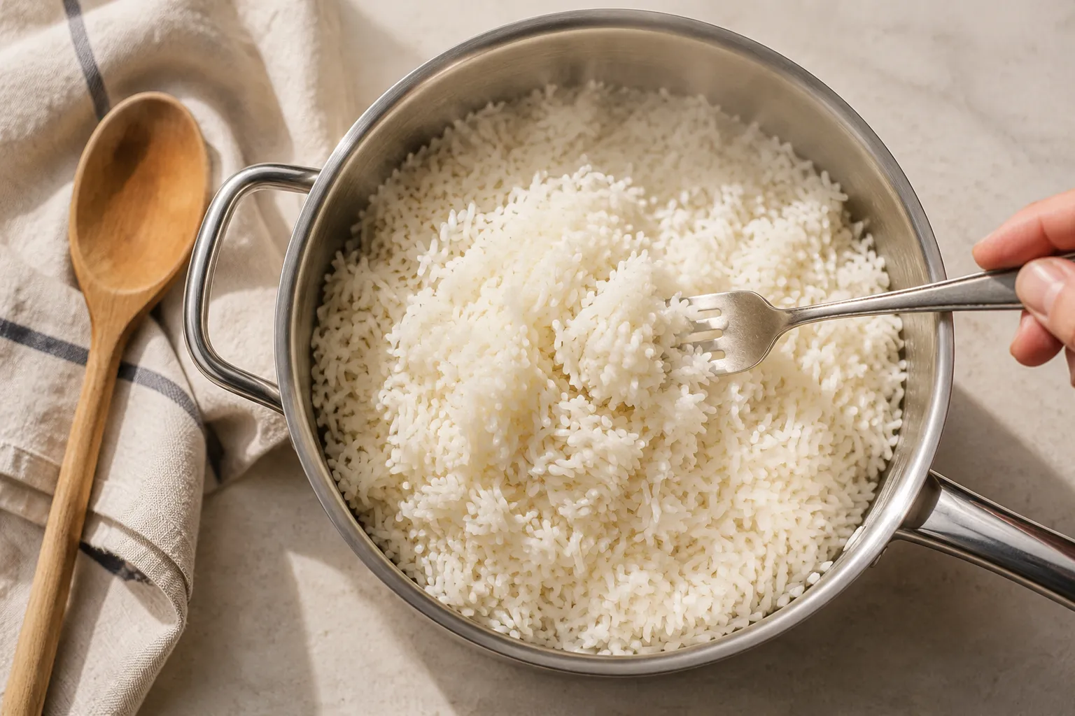 Fluffing cooked white rice on the stove with a fork