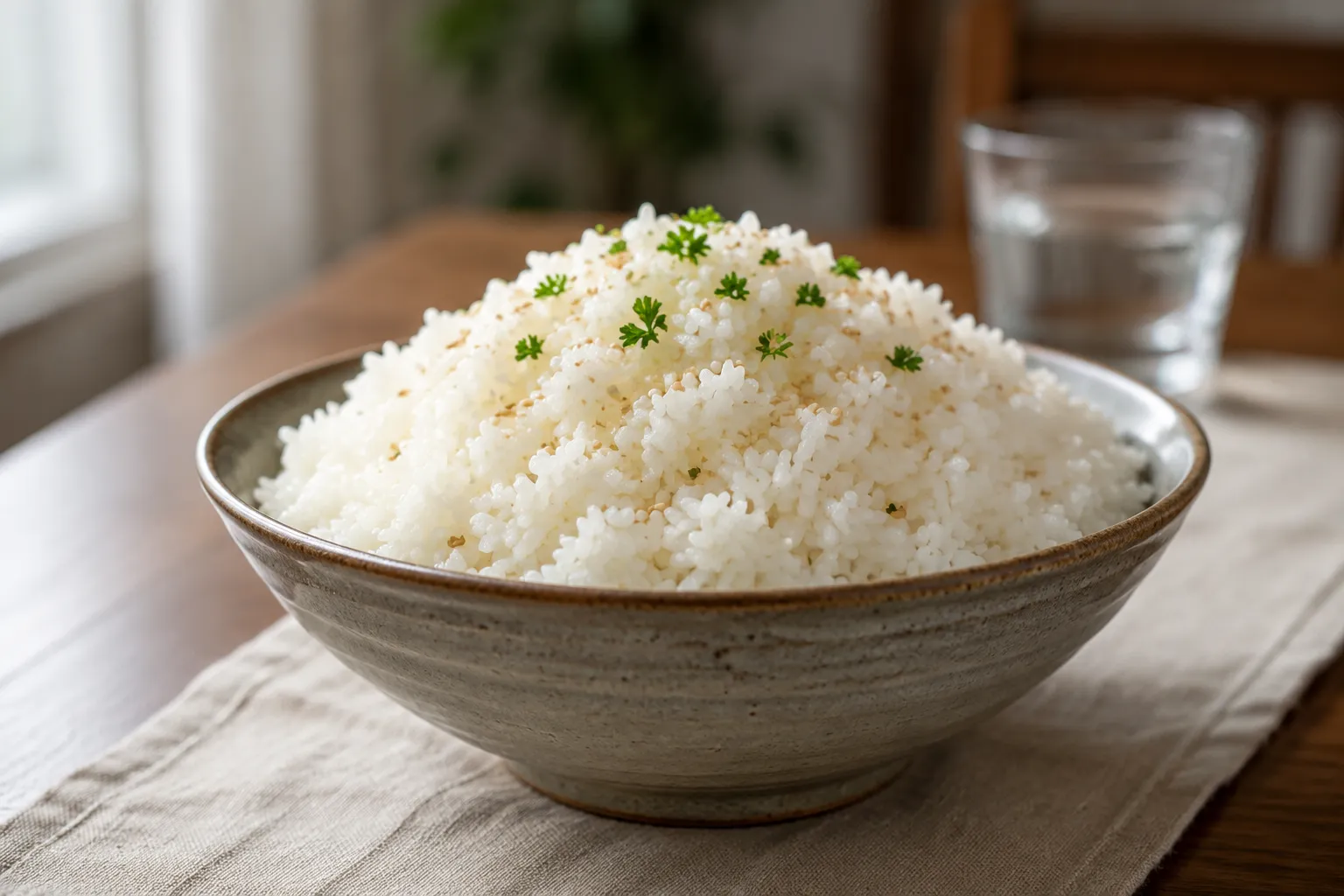 Finished fluffy white rice on stove served in a bowl