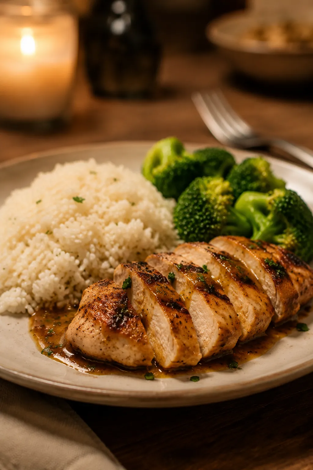 Stove top rice served with chicken and broccoli for dinner