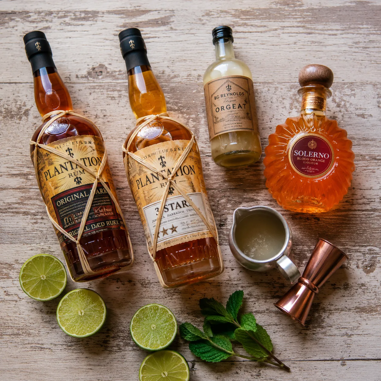 Mai tai ingredients flatlay with aged rums, orgeat, curaçao, and fresh limes