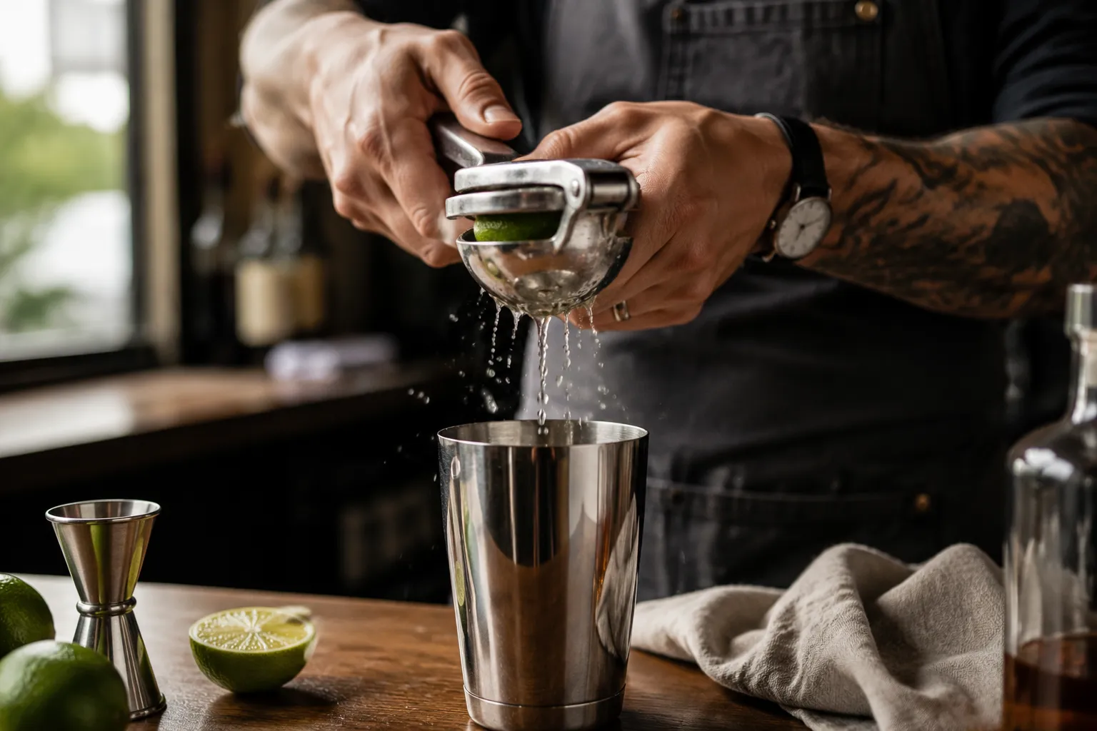 Squeezing fresh lime juice for a homemade mai tai cocktail