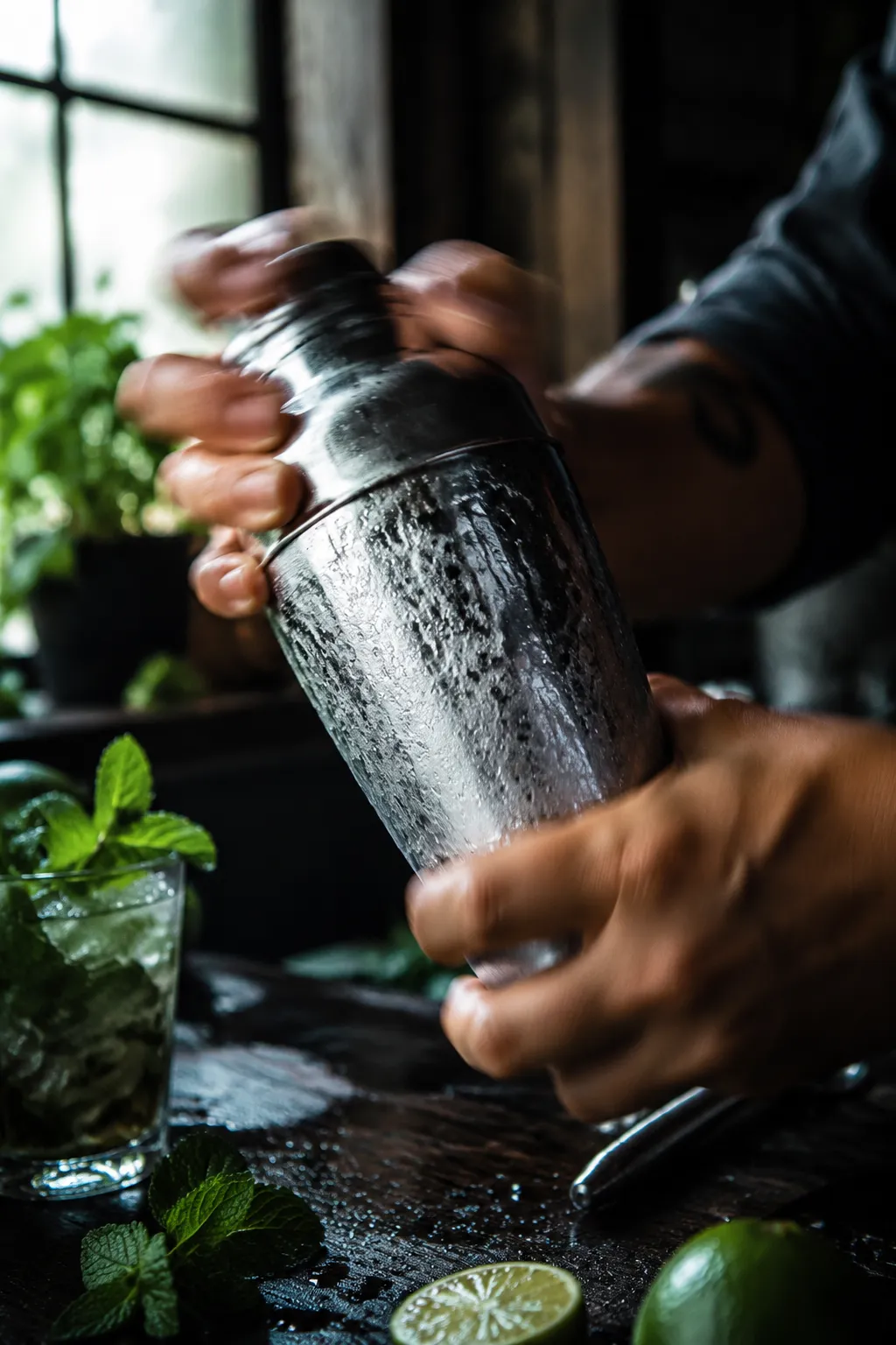 Shaking a mai tai cocktail with crushed ice in a frosted shaker