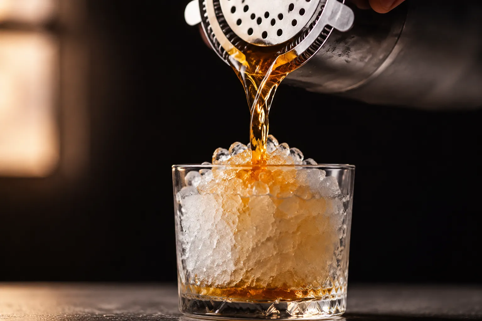 Straining mai tai cocktail over crushed ice in a rocks glass