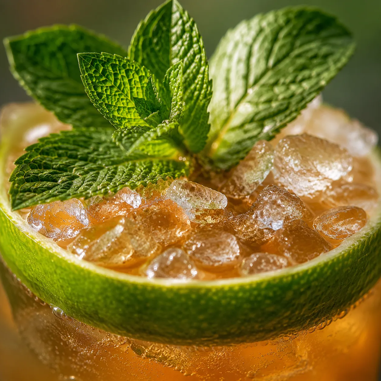 Macro close-up of mint and lime garnish on a mai tai cocktail