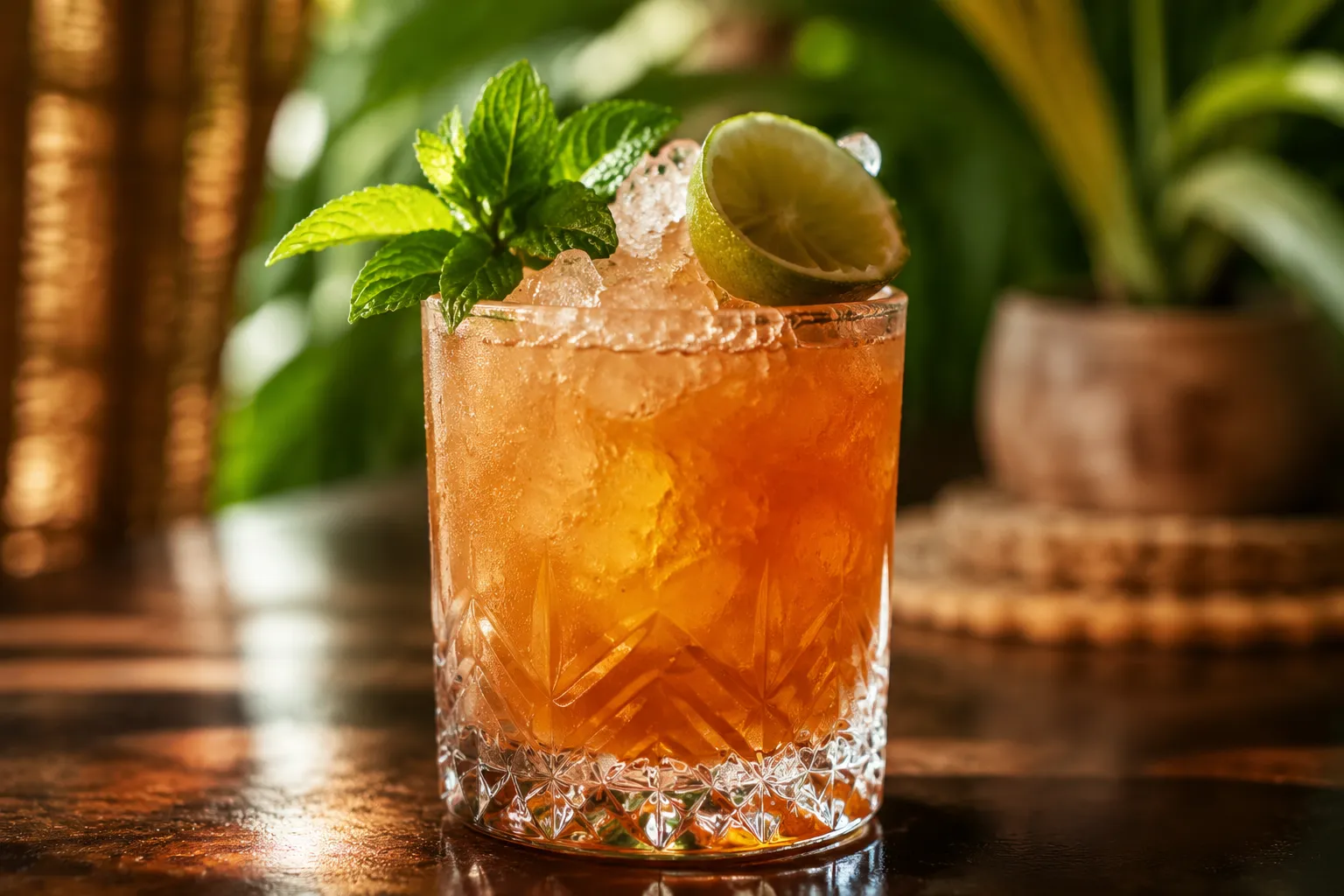 Finished classic mai tai recipe with mint sprig and lime shell garnish