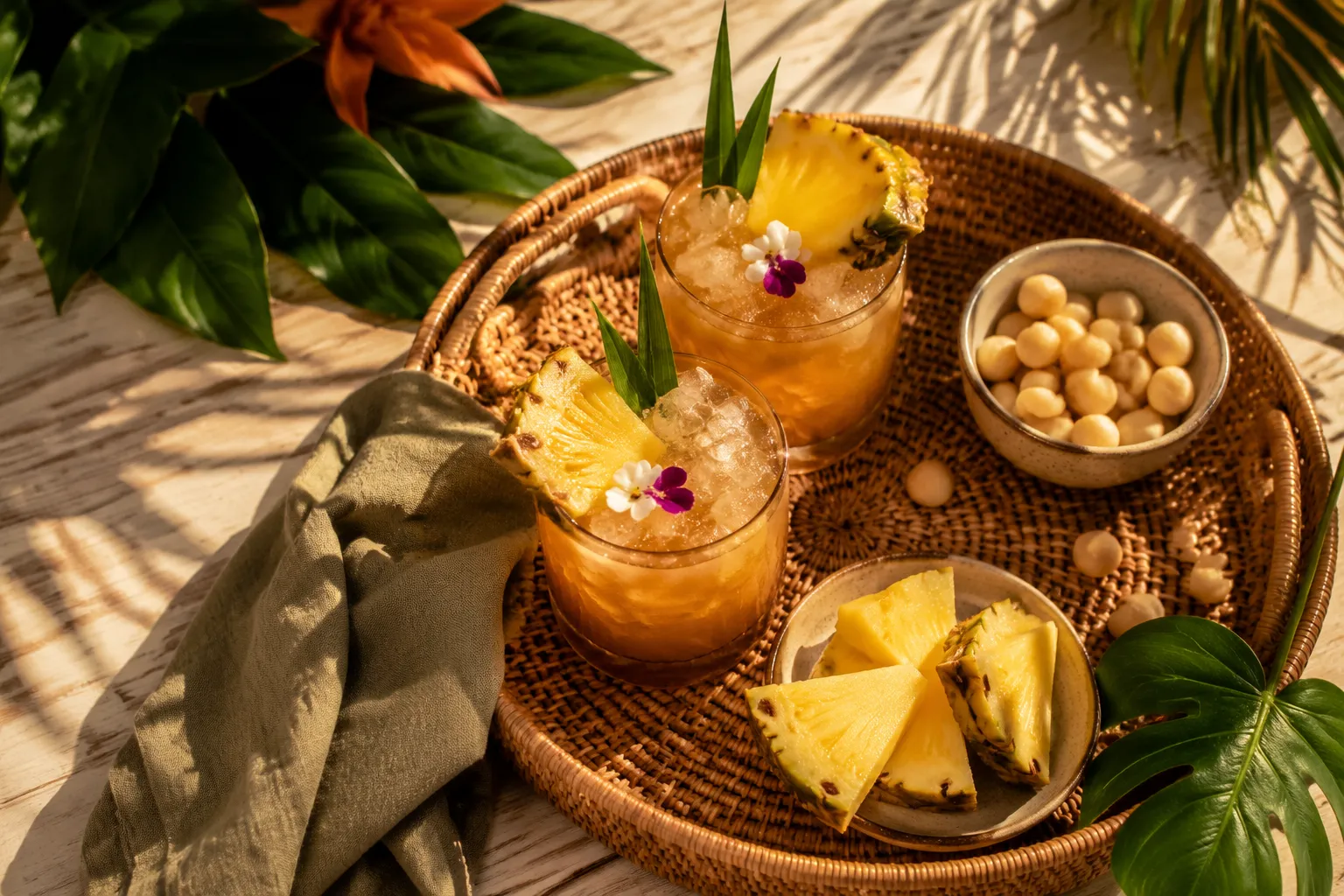 Two mai tai cocktails served on a tray with pineapple and macadamia nuts