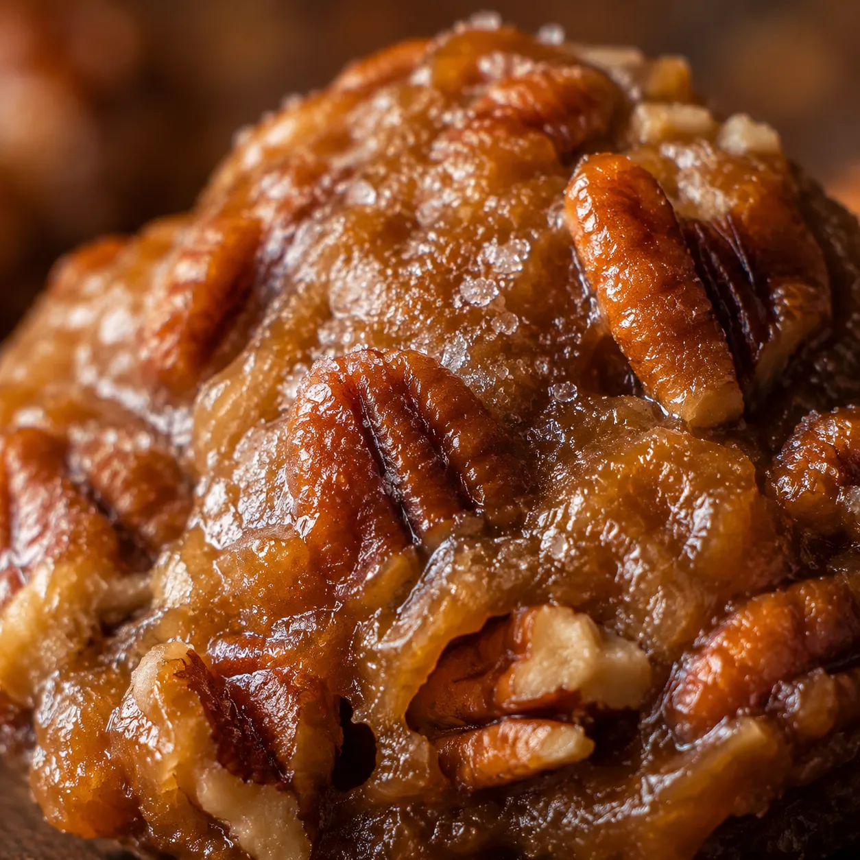 Macro close-up of pecan praline showing sugar crystals and nuts