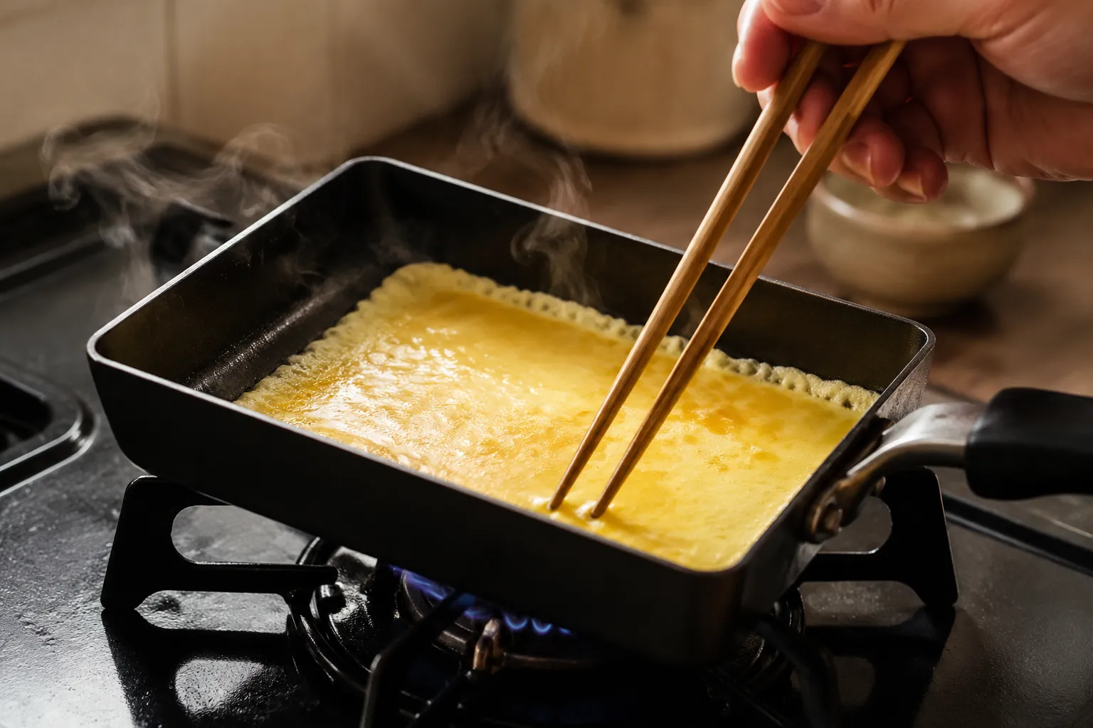 Pouring egg into a rectangular tamagoyaki pan to start rolling