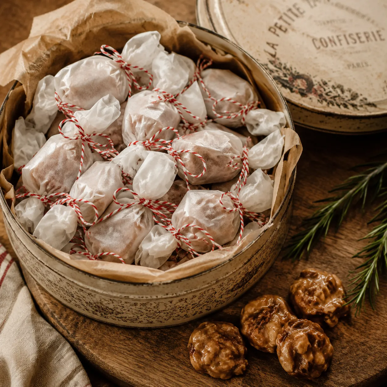 Homemade pralines wrapped in wax paper and packed in a gift tin