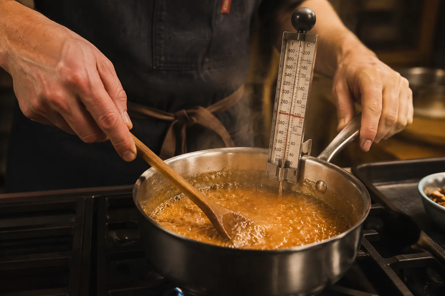 Stirring praline caramel to soft-ball stage with candy thermometer
