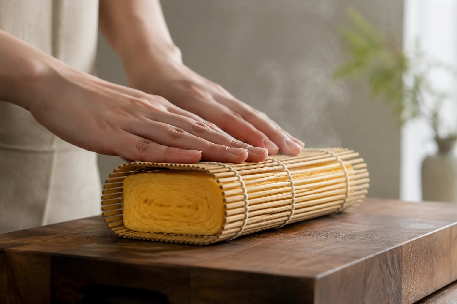 Shaping tamago in a bamboo sushi mat after cooking