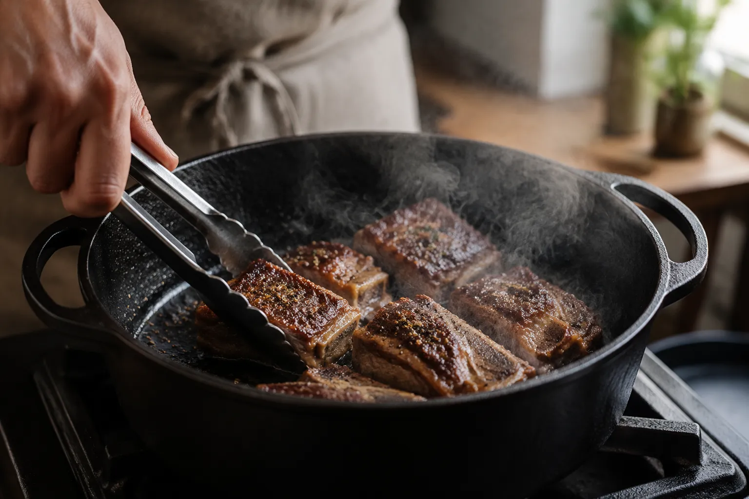 Searing beef short ribs in a Dutch oven for braising