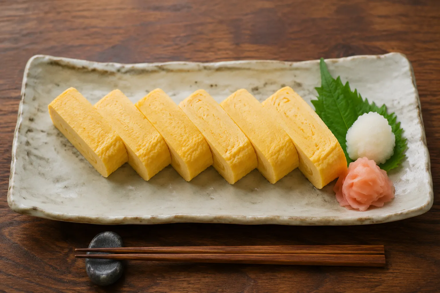 Plated tamago slices with daikon and pickled ginger