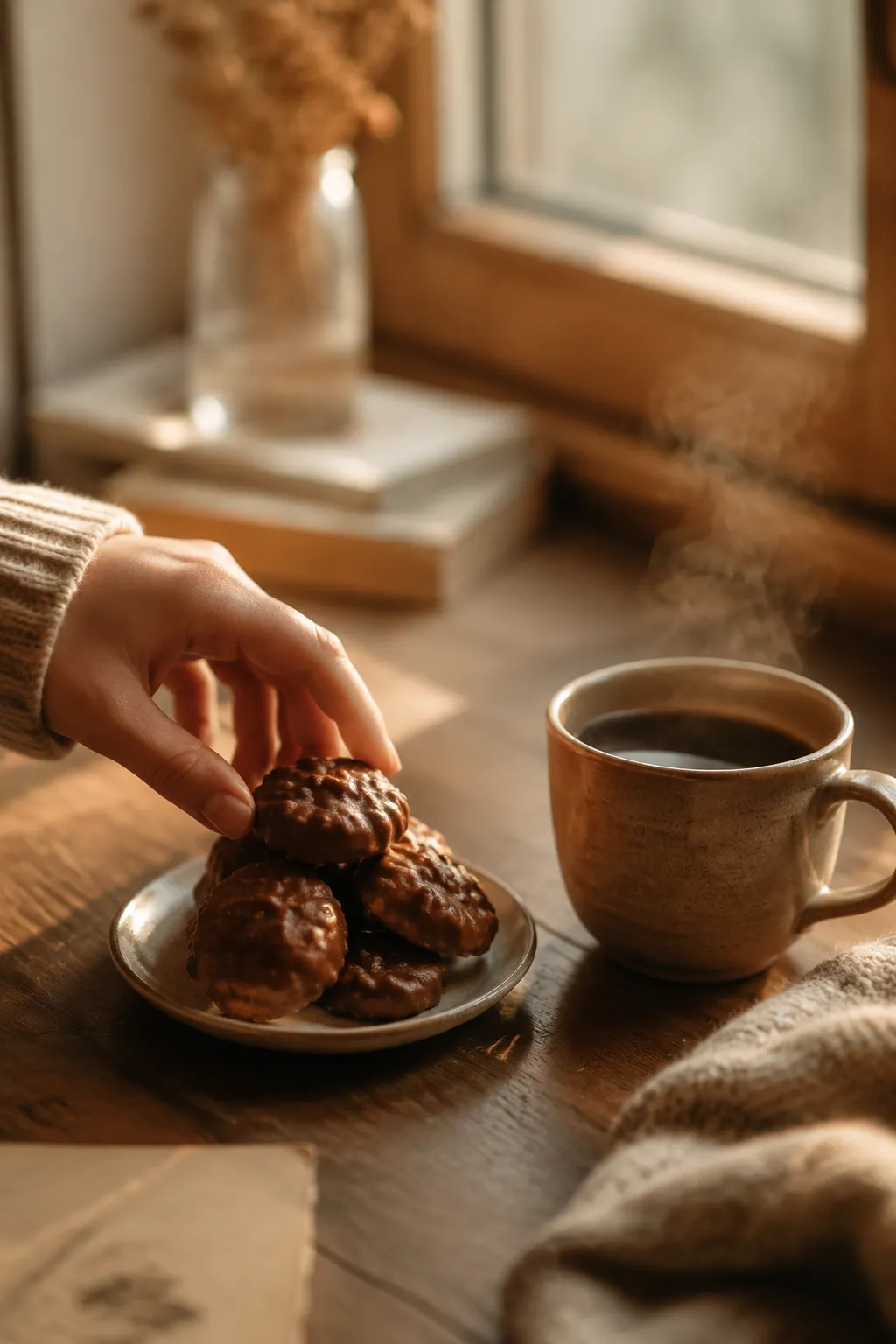 Hand reaching for a Southern praline served with coffee