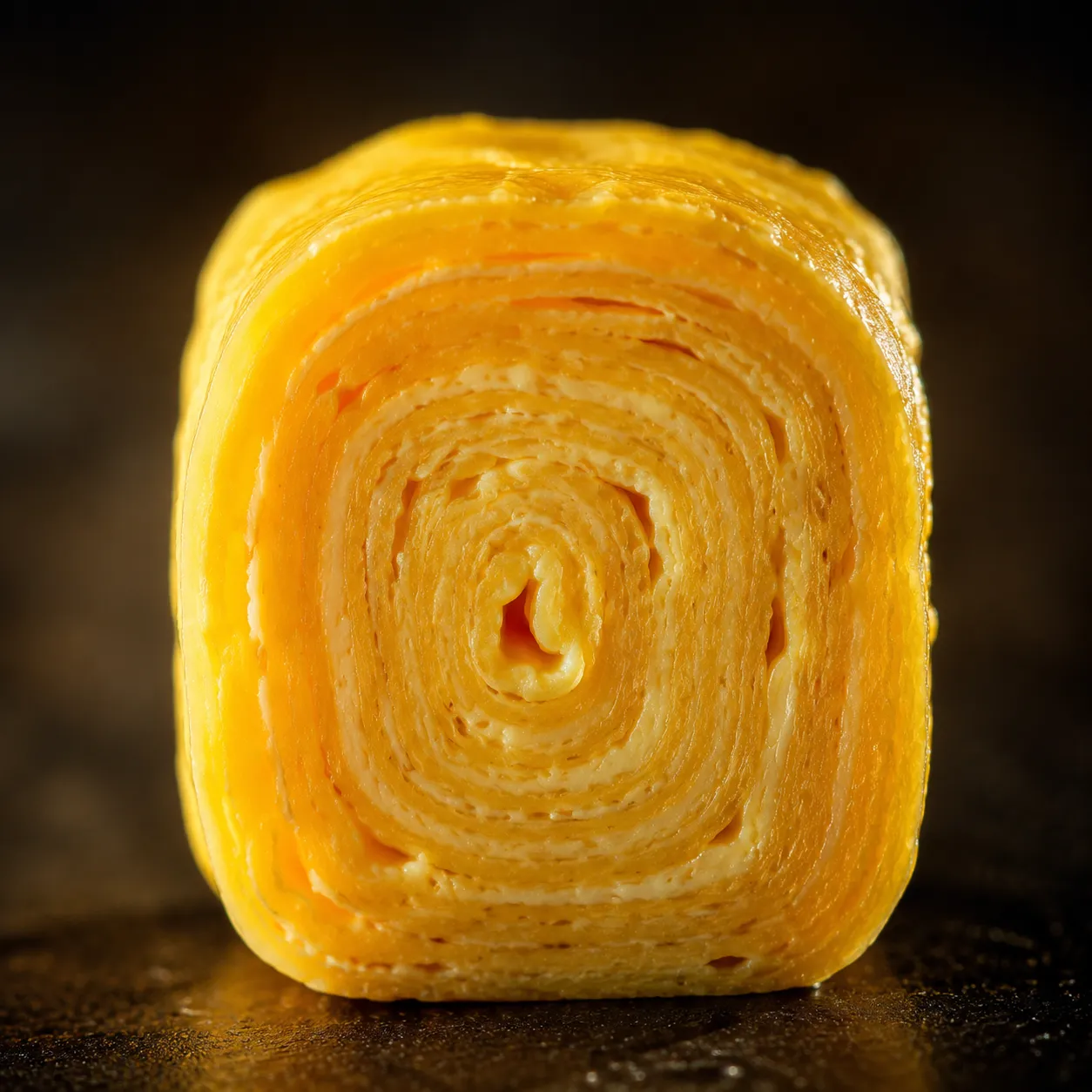 Macro close-up of layered tamago spiral interior