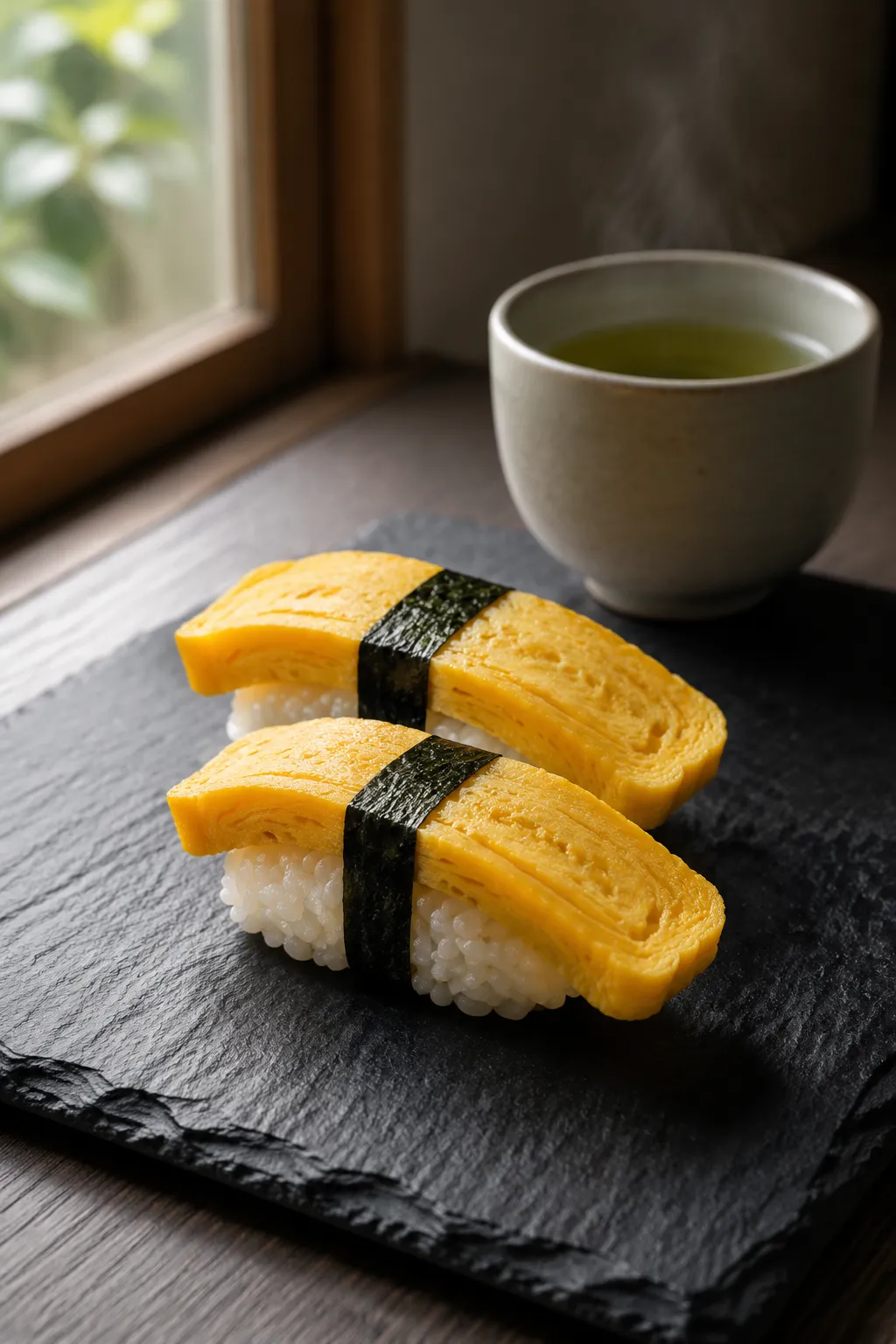 Tamago nigiri sushi tied with nori served with green tea