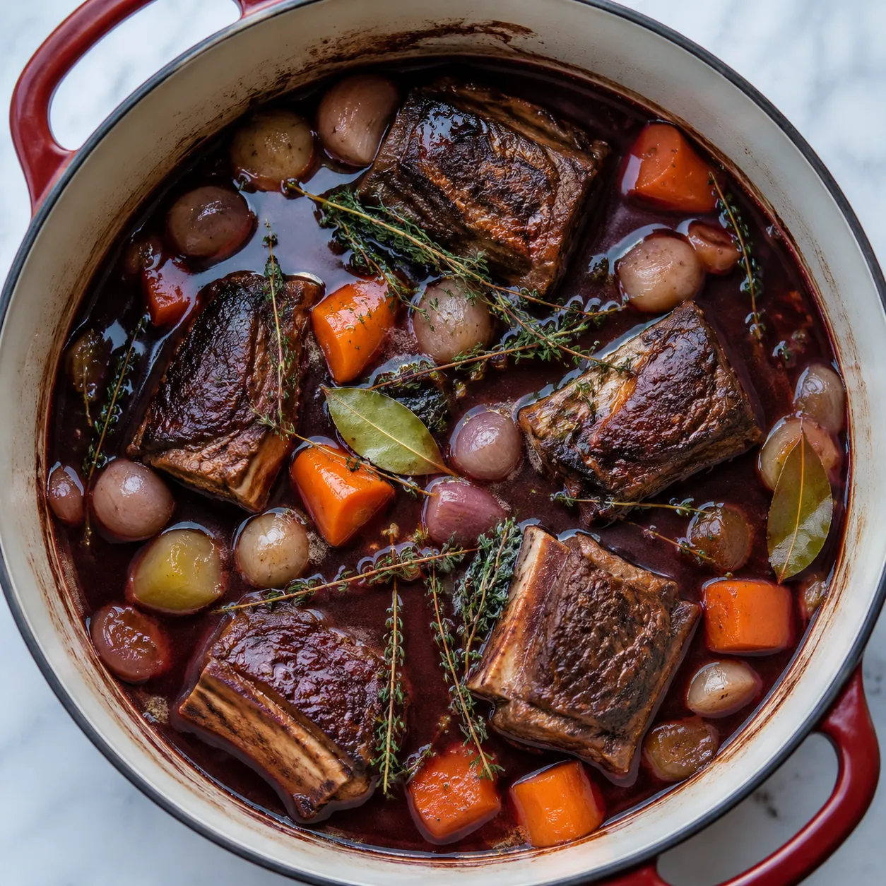 Short ribs braising in red wine sauce in a Dutch oven