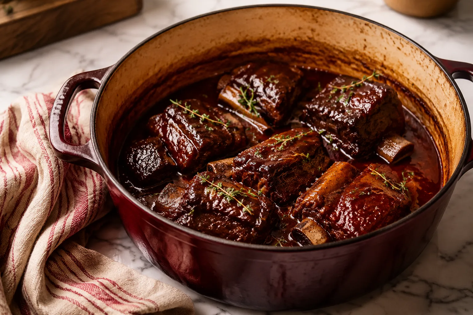 Finished braised beef short ribs recipe in Dutch oven with glossy sauce