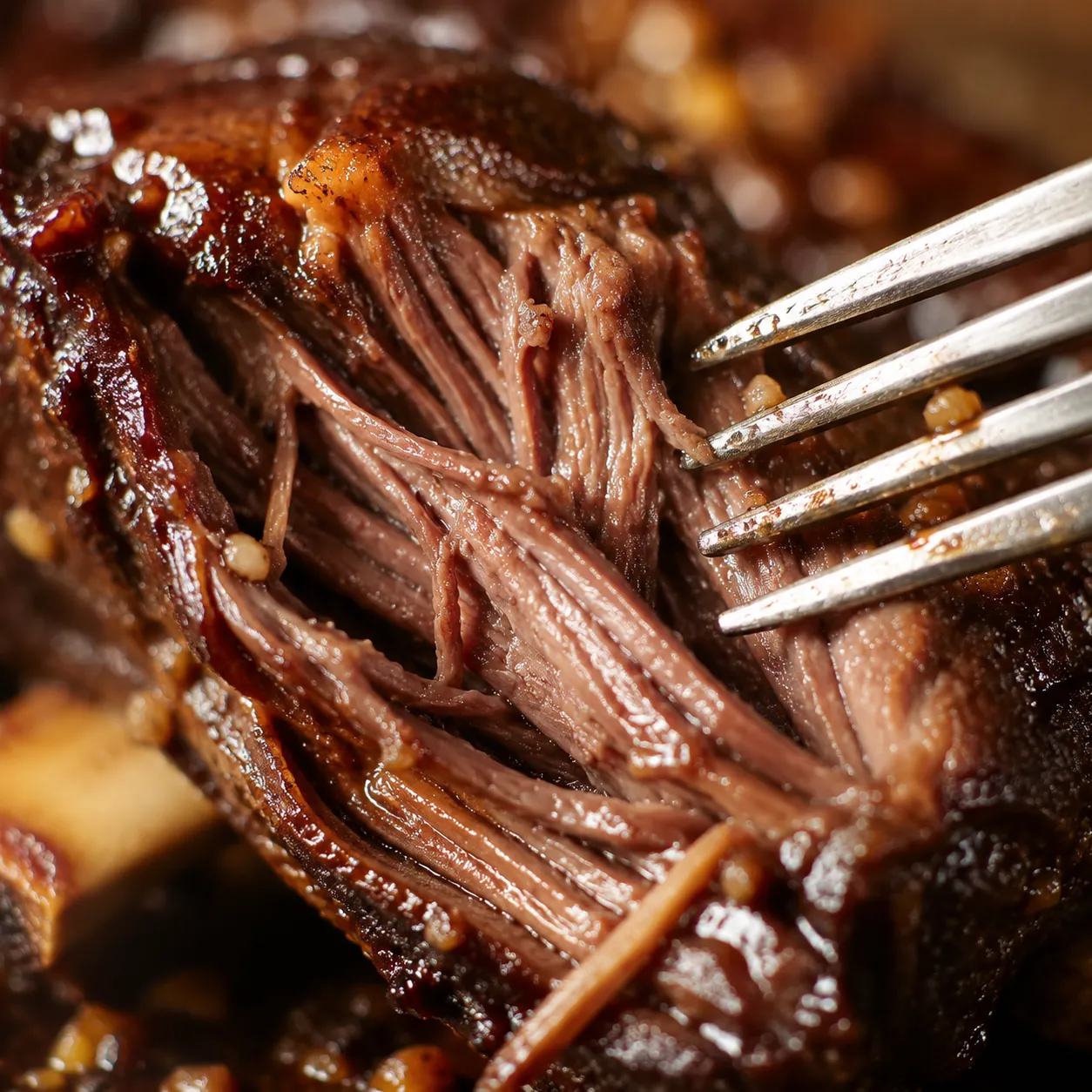 Fall-off-the-bone short ribs pulled apart with a fork close-up