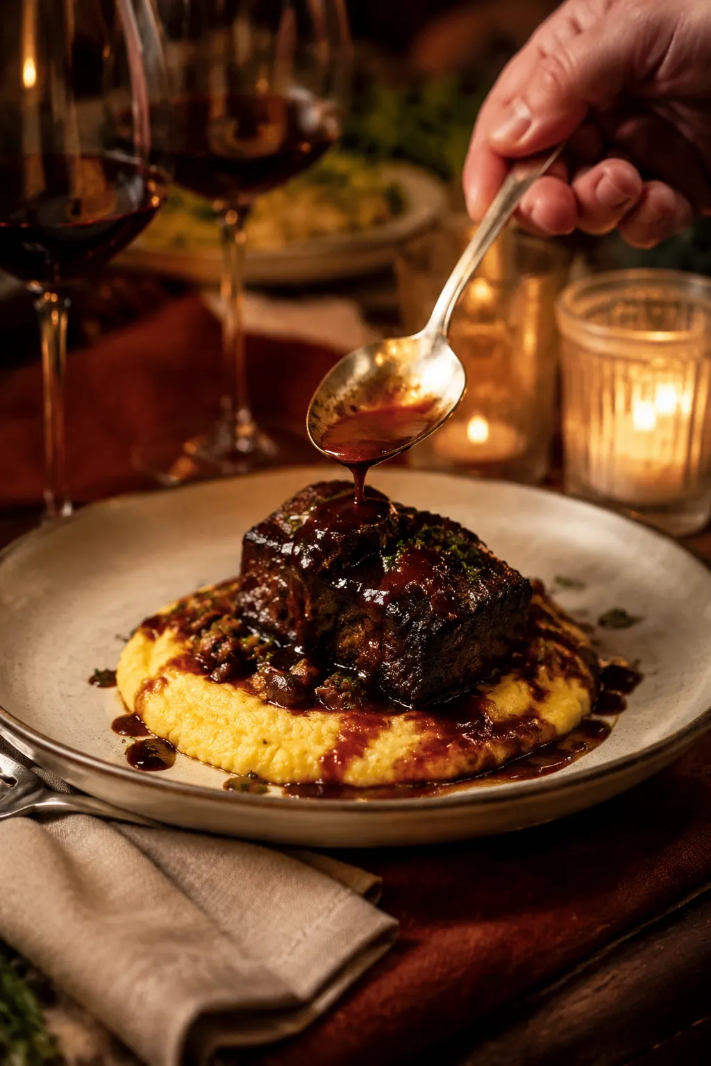 Serving braised short ribs over polenta at a dinner table