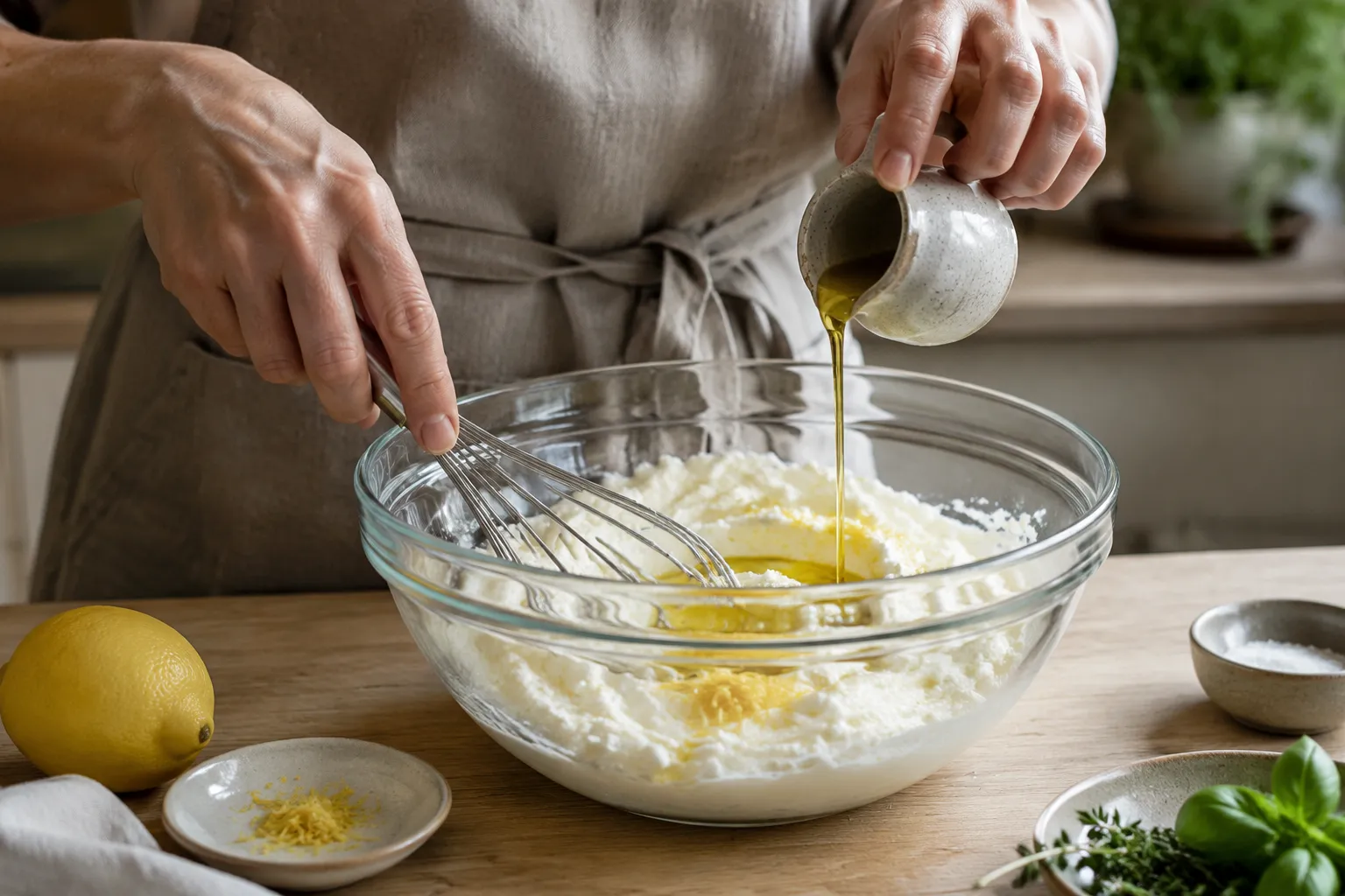 Whipping ricotta cheese with lemon zest for an easy ricotta recipe