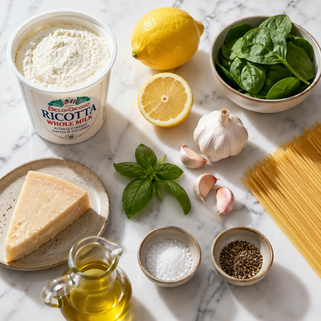 Ricotta cheese recipes ingredients flatlay with pasta, lemon, basil, and Parmesan