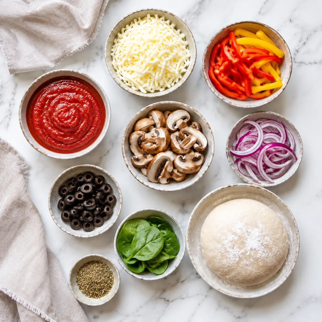 Fresh ingredients for vegetarian pizza recipe laid out flat in small prep bowls