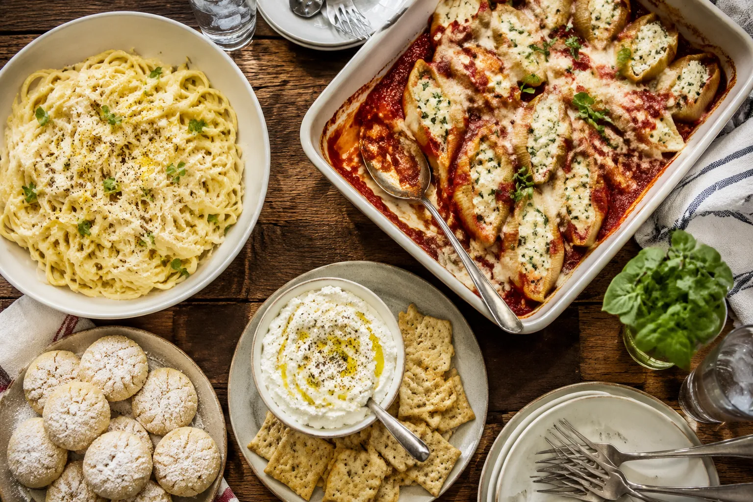 Spread of easy ricotta recipes including pasta, stuffed shells, and cookies