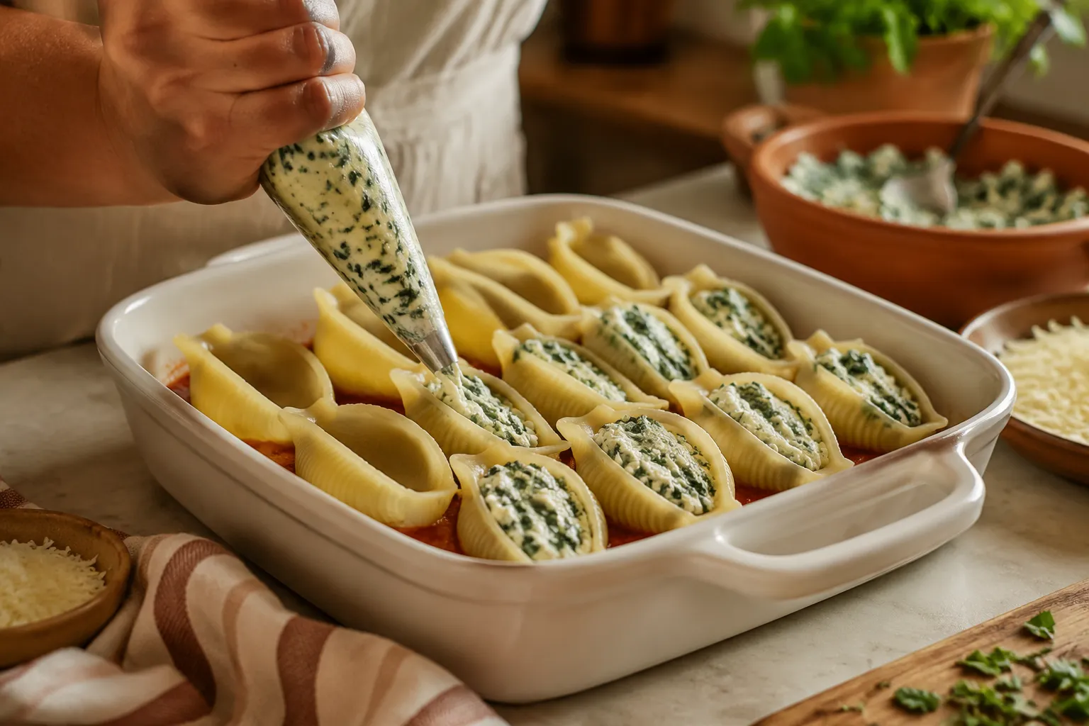 Stuffing pasta shells with a ricotta cheese and spinach filling