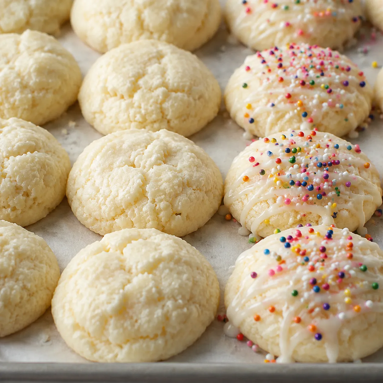 Soft Italian ricotta cookies with glaze and rainbow sprinkles